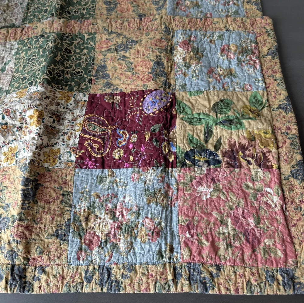 Quilted Patchwork King Pillow Shams 20x36 Floral Multicolor Cotton Vintage Style